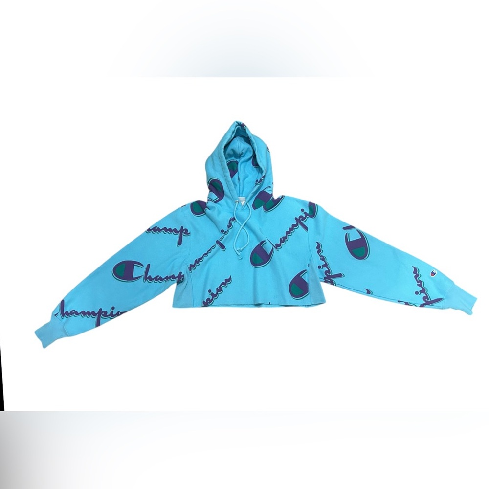 Champion Reverse Weave cropped blue logo hoodie, Small